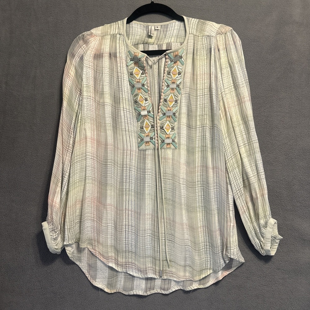Bl^nk London Sheer Plaid Beaded Tunic Top Viscose Size Small‎ Boho Festival